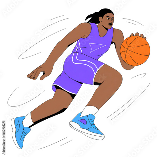 Illustration of a female basketball player dribbling the basketball on transparent background