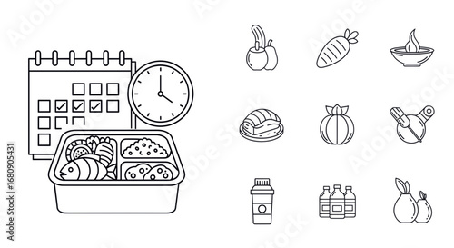 Meal planning with lunch box, calendar and clock icons.