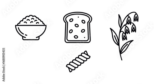 Line art icons representing various grain products and carbohydrates like rice, bread, pasta, and a grain stalk, symbolizing staple foods.