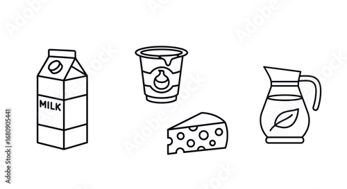 A set of four line art icons representing dairy and alternative milk products.