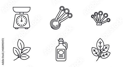 Kitchen tools and ingredients: scale, measuring spoons, herbs, and oil.