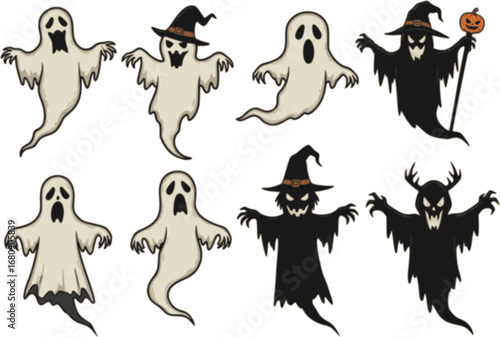 set of Vintage ghost, Halloween scary ghost monsters Vector Illustration, SVG
