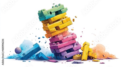 Colorful wooden blocks topple over in a dynamic and creative illustration, conveying a sense of risk and fun.
