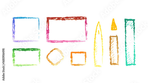 Whimsical crayon style shapes and pencils drawing frames