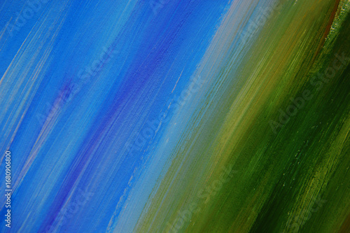 Bright blue and green hand drawn diagonal lines, gradient. Abstract striped watercolor background.