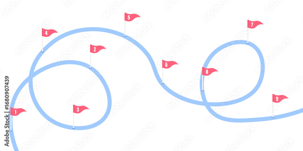 Naklejka premium A curvy road features nine numbered flags indicating checkpoints.
