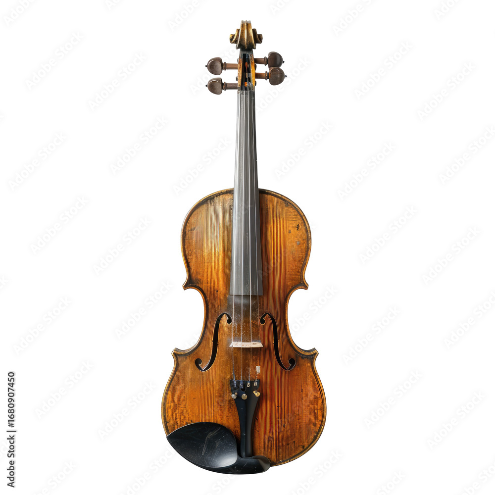 Fototapeta premium Aged violin, vertical shot, showing rich wood grain and wear