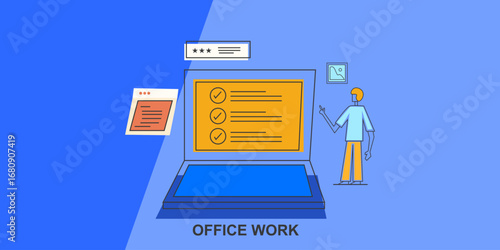 Office people coordinate with shared digital checklist on laptop screen, modern workplace collaboration.