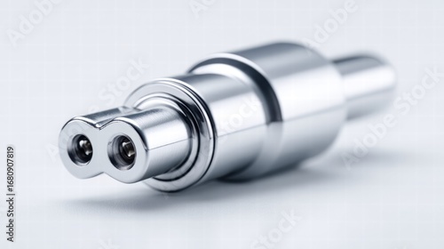 A detailed chrome connector with a smooth, reflective surface, perfect for industrial designs.