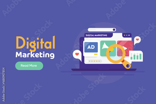 AI website interface display integrated suite of digital marketing channels, featuring video content, targeted ads and social media messaging.
