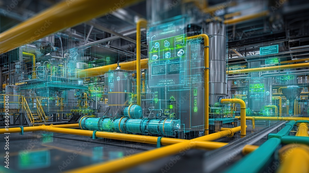 Fototapeta premium inside the industrial - style plastic waste pyrolysis plant, pipes conveying raw materials, energy conversion flowcharts above, background is robotic arm operation scene 