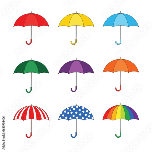 Collection of nine colorful and patterned umbrellas arranged in a grid on a white background