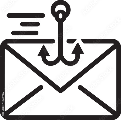 Phishing alert email icon with fishing hook symbolizing cyber threat and data security warning silhouette