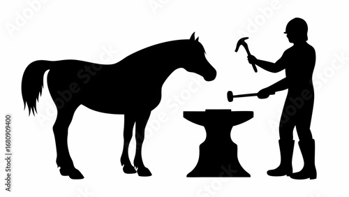 Silhouette of a horse standing beside a blacksmith working at an anvil with hammers in his hands
