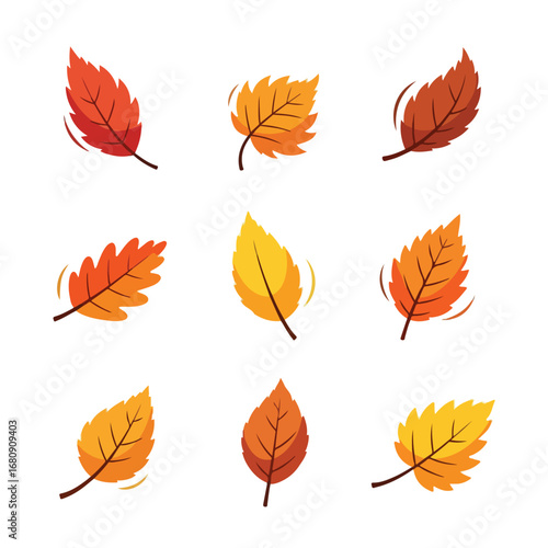 Collection of nine colorful autumn leaves falling in a stylized artistic design