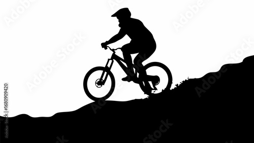 Silhouette of a mountain biker riding downhill on a trail against a white background on a sunny day