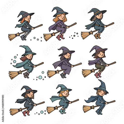 Collection of nine cute cartoon witches flying on broomsticks with colorful outfits and hats