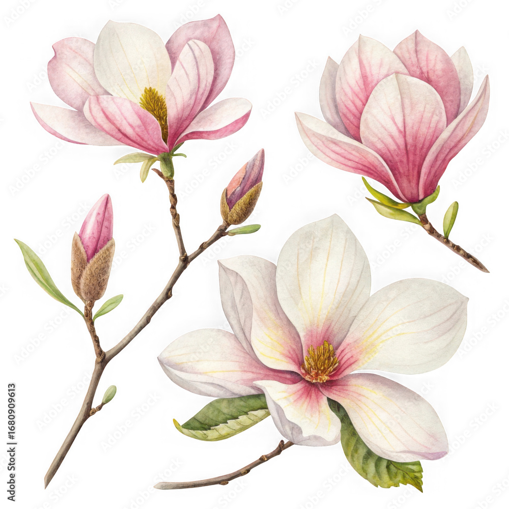 Fototapeta premium Delicate pink magnolia blossoms blooming on a dark canvas transparent background