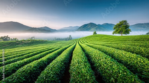 A beautiful tea plantation stretches across rolling hills, with fog in the valley during a bright morning.