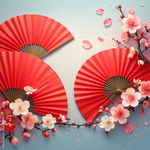 A serene arrangement of vibrant red fans, adorned with delicate pink blossoms, creates a tranquil and celebratory mood.