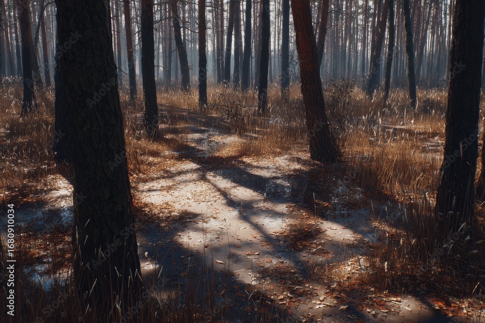 Obraz premium Forest path, sunlight filtering through trees