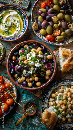 Mediterranean diet: fresh colorful vegetables, seafood, and olive oil