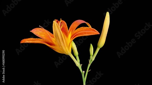Orange Lily Blossoms. Time Lapse of Opening Beautiful Orange Lily Flowers. Black Background. 4K.
