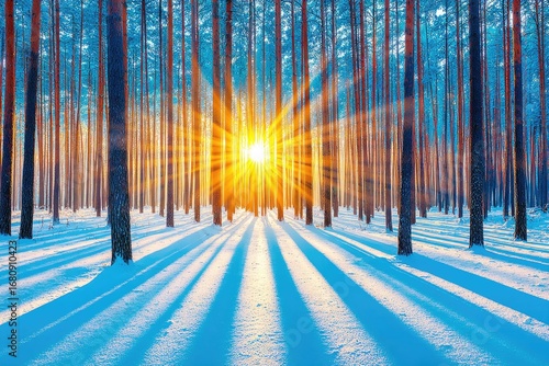 Winter sunbeams through snow-covered pine trees