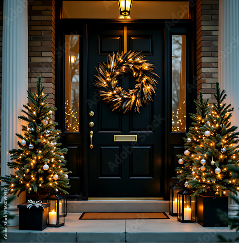 Elegant Christmas front porch decoration features a golden wreath on black front door, flanked by small Christmas trees with golden baubles and giftboxes with lanterns on the steps