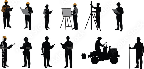 Construction workers silhouettes, engineers at work, site inspection, architecture planning, building site professionals, teamwork, tools, safety gear, blueprint review, machinery operation