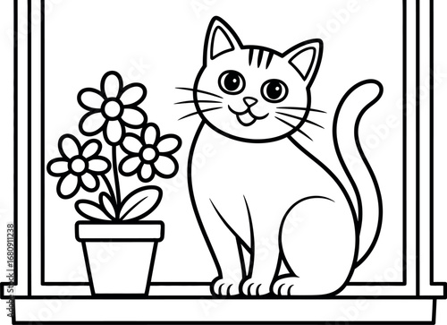 Cute cartoon cat sitting by the window with potted flowers illustration