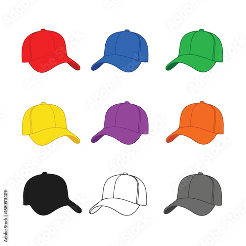 Collection of nine colorful baseball caps in a grid pattern on a white background