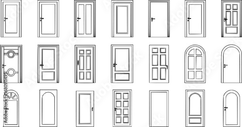 Fine line doors vector collection, minimalist outline illustrations, modern door designs isolated on white background, stock design.