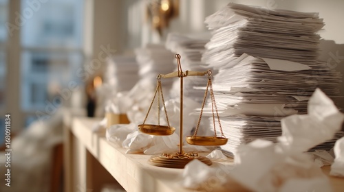 Scales balance with paper stacks. Tissues litter the scene. Soft indoor light