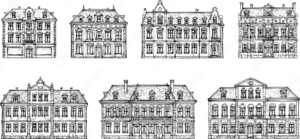 Obraz premium Vintage buildings set vector, fine line architectural illustrations, classic historic outlines isolated on white background, stock design.
