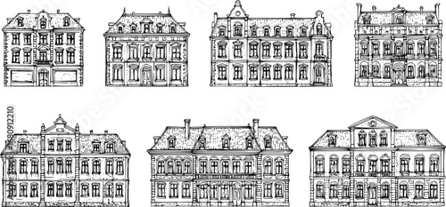 Vintage buildings set vector, fine line architectural illustrations, classic historic outlines isolated on white background, stock design.