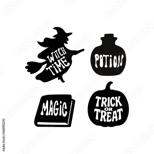 Halloween silhouette icons featuring witch, potion, magic book, and trick or treat pumpkin silhouettes
