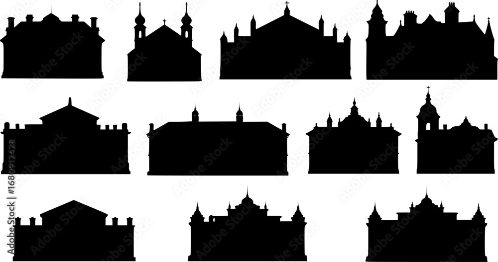 Obraz premium Vintage building silhouette vector collection, classic architectural outlines, historic city landmarks isolated on white background, stock design.
