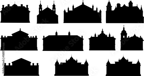Vintage building silhouette vector collection, classic architectural outlines, historic city landmarks isolated on white background, stock design.