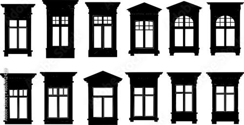 Vintage windows vector collection, fine line outline illustrations, classic architectural window designs isolated on white background, stock design.