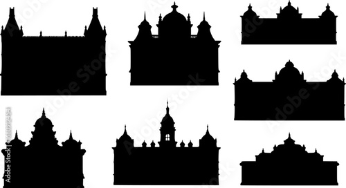 Vintage building silhouette vector collection, classic architectural outlines, historic city landmarks isolated on white background, stock design.