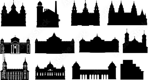 Vintage building silhouette vector collection, classic architectural outlines, historic city landmarks isolated on white background, stock design.