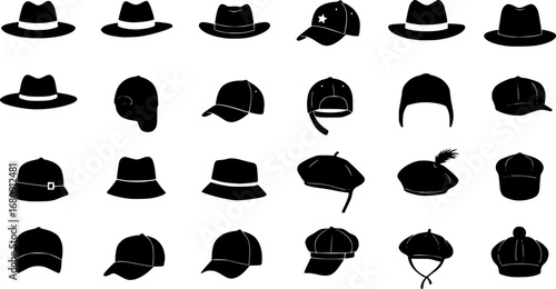 Hat silhouette vector collection, fashion headwear outlines, classic and modern caps isolated on white background, stock design.