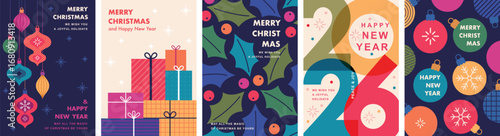 Christmas Minimalist card set - abstract Holidays flyers. Lettering with Christmas and New Year decorative elements. Vector illustration.