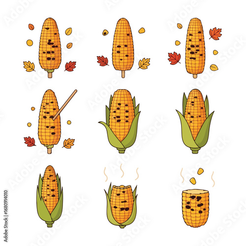 Collection of delicious grilled corn on the cob with autumn leaves and kernels scattered around