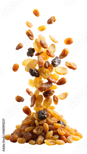 flying golden raisins falling and piled isolated on a transparent white background, clipping path