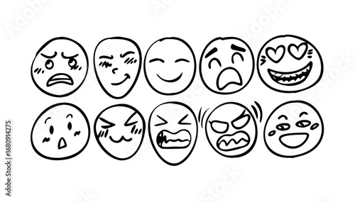 Black hand drawing doodle emojis hand drawn white