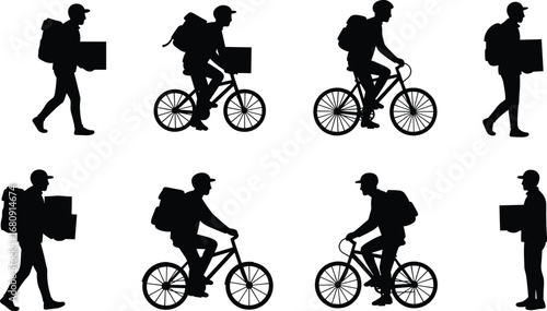 Silhouette of courier workers delivering packages, riding bicycles, wearing backpacks, express delivery service, urban logistics, professional parcel delivery concept.