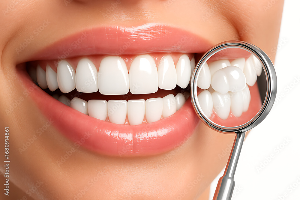 Fototapeta premium A beautiful smiling woman with perfect straight white teeth is looking at the camera, while a dentist mirror is reflecting a tooth