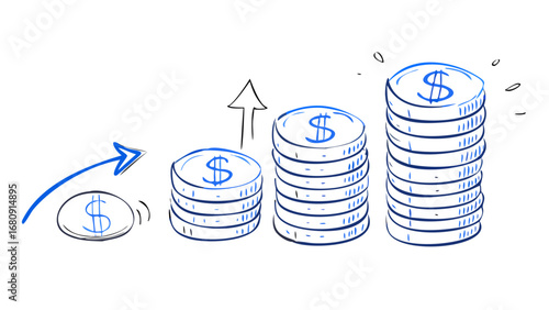 Blue coins stacked in ascending order with arrow money